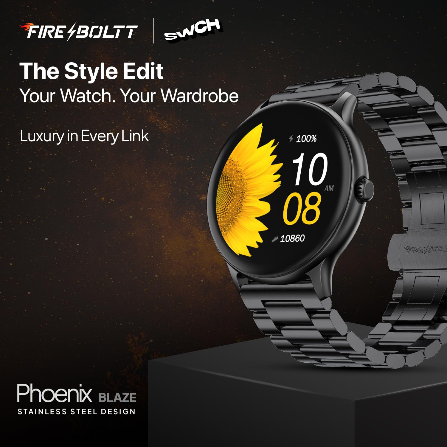 Fire‑Boltt Phoenix Pro Round Smart Watch 1.39″ Display with Bluetooth Calling, AI Voice Assistant,SpO2 & Heart Rate Monitor, 120+ Sports Modes,IP67 Waterproof Metal Smart Watch for Men & Women - Black