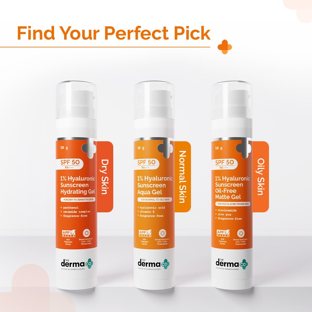 The Derma Co 1% Hyaluronic Sunscreen Aqua Gel SPF 50 PA++++ | Hydrating, Lightweight & Non-Greasy | No White Cast | Broad Spectrum & Blue Light Protection | Clinically Tested - (In-Vivo) | 50 g