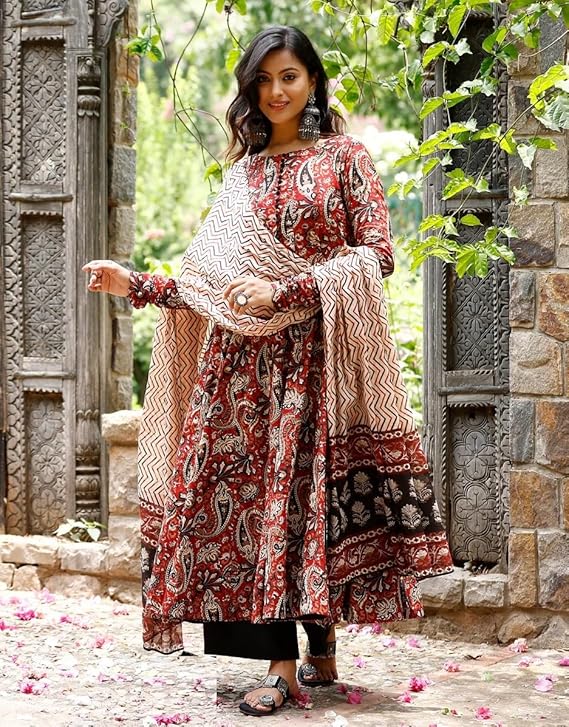 Nermosa Women Printed Anarkali Kurta and Pant Set with Dupatta