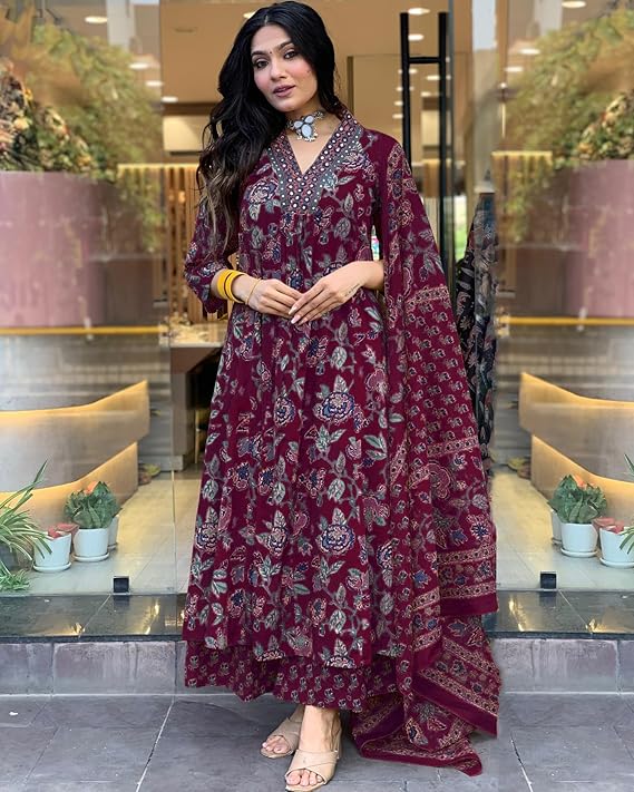 GoSriKi Women's Rayon Viscose Anarkali Printed Kurta with Palazzo & Dupatta