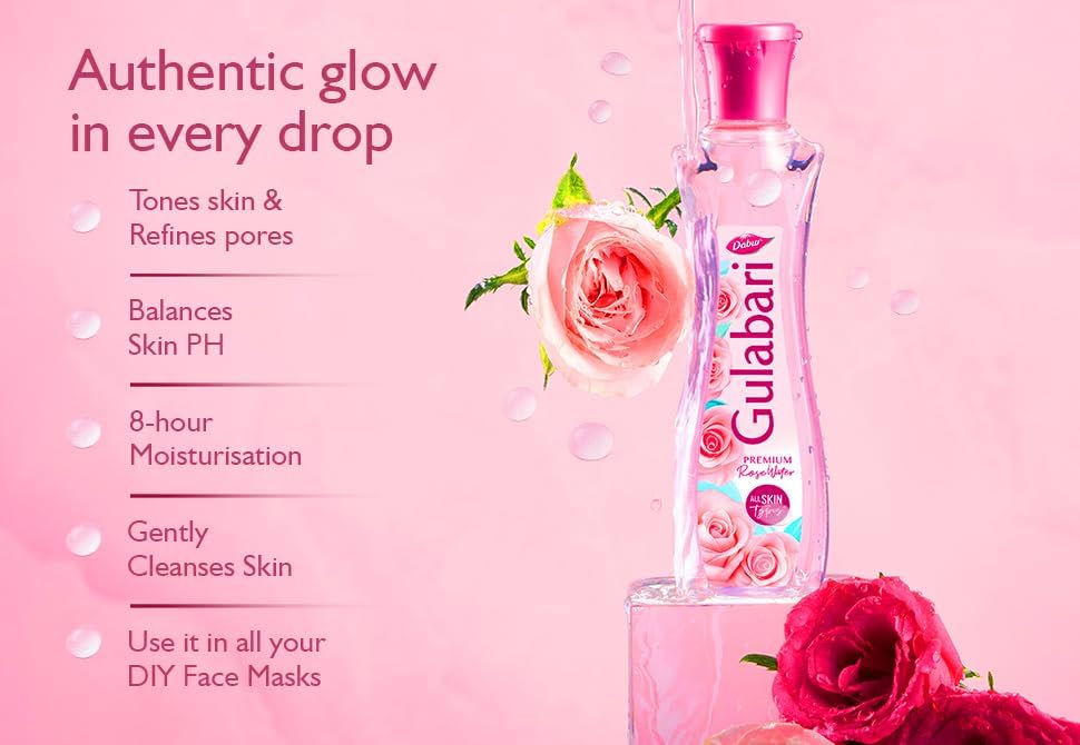 Dabur Gulabari Premium Rose Water/Face Toner - 400ml | No Paraben | Alcohol Free | Cleanses, Hydrates & Moisturises Skin | Balances & Restores Skin's pH Levels | For All Skin Types