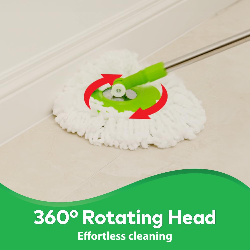 Scotch-Brite Twin Bucket Spin Mop with Easy Wring & Rinse System, 360° Adjustable Handle, High Absorbency Microfiber for Deep Cleaning on All Floor Types, 1 Extra Refill (Green)