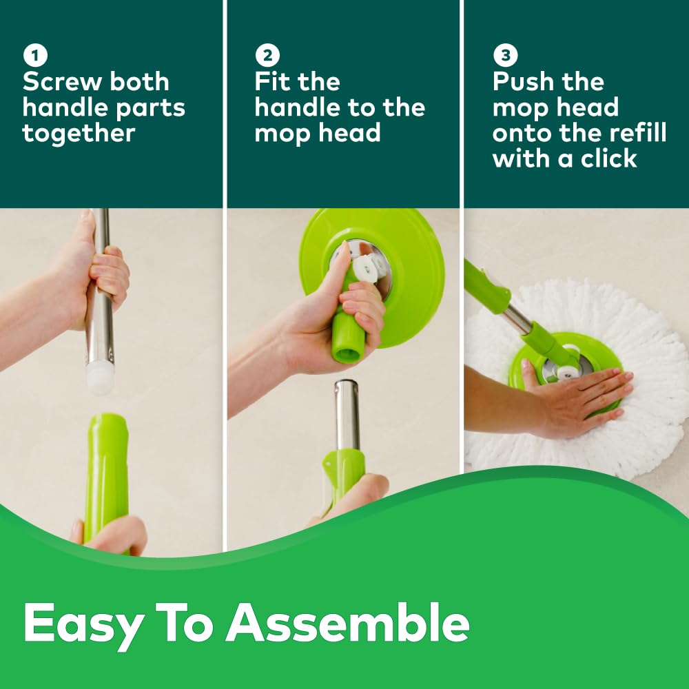 Scotch-Brite Twin Bucket Spin Mop with Easy Wring & Rinse System, 360° Adjustable Handle, High Absorbency Microfiber for Deep Cleaning on All Floor Types, 1 Extra Refill (Green)