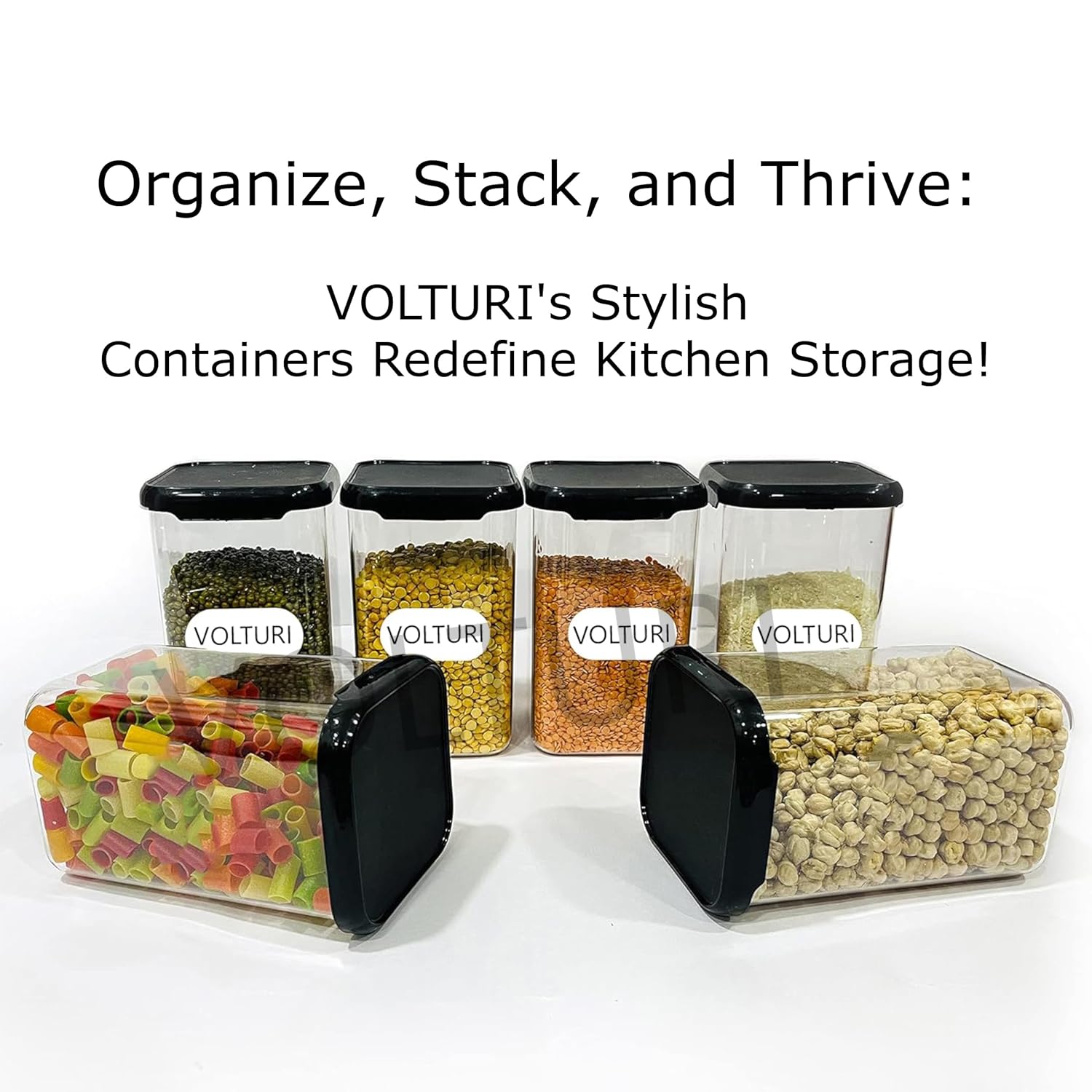 VOLTURI Air Tight Kitchen Containers Set of 6, Kitchen Storage Box for Pulses, Cereals, Grains, Dry Fruits, Pantry Organization, Kitchen Accessories Items for Home, Food Grade (1200 ML, Transparent)