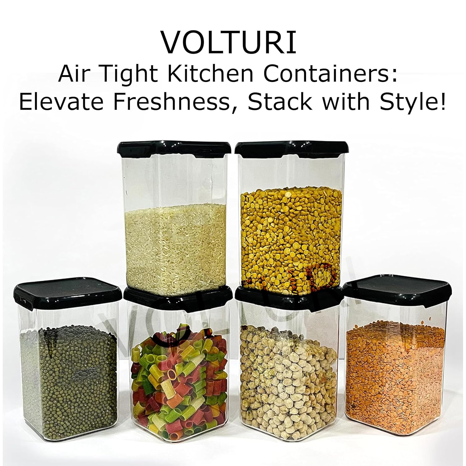 VOLTURI Air Tight Kitchen Containers Set of 6, Kitchen Storage Box for Pulses, Cereals, Grains, Dry Fruits, Pantry Organization, Kitchen Accessories Items for Home, Food Grade (1200 ML, Transparent)