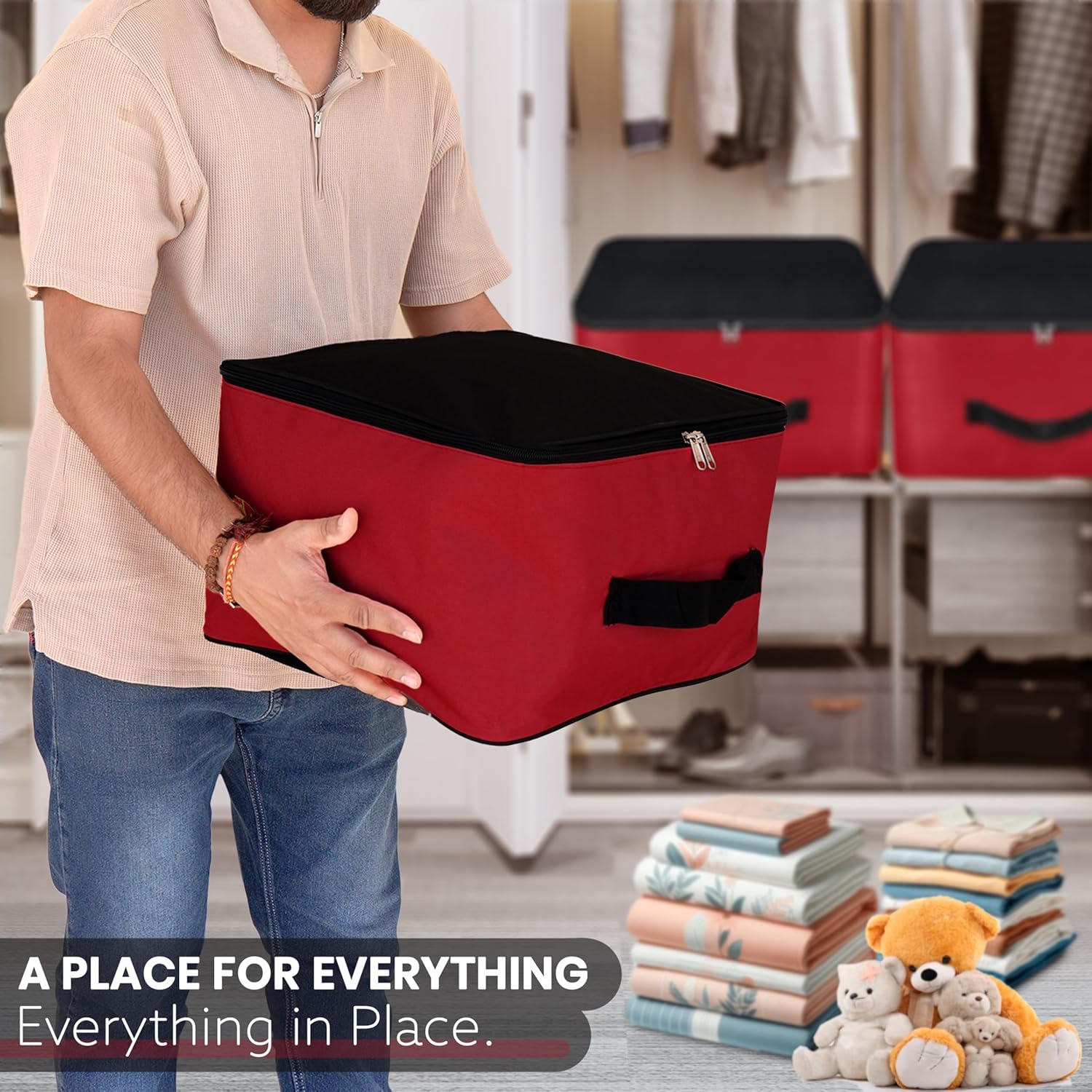 Storite Nylon Wardrobe Bag Underbed Moisture Proof Cloth Storage Organizer, Storage box for Clothes Saree Bags with Zippered Closure & Handle (Red & Black, 38.1x25.4x35 cm) Square