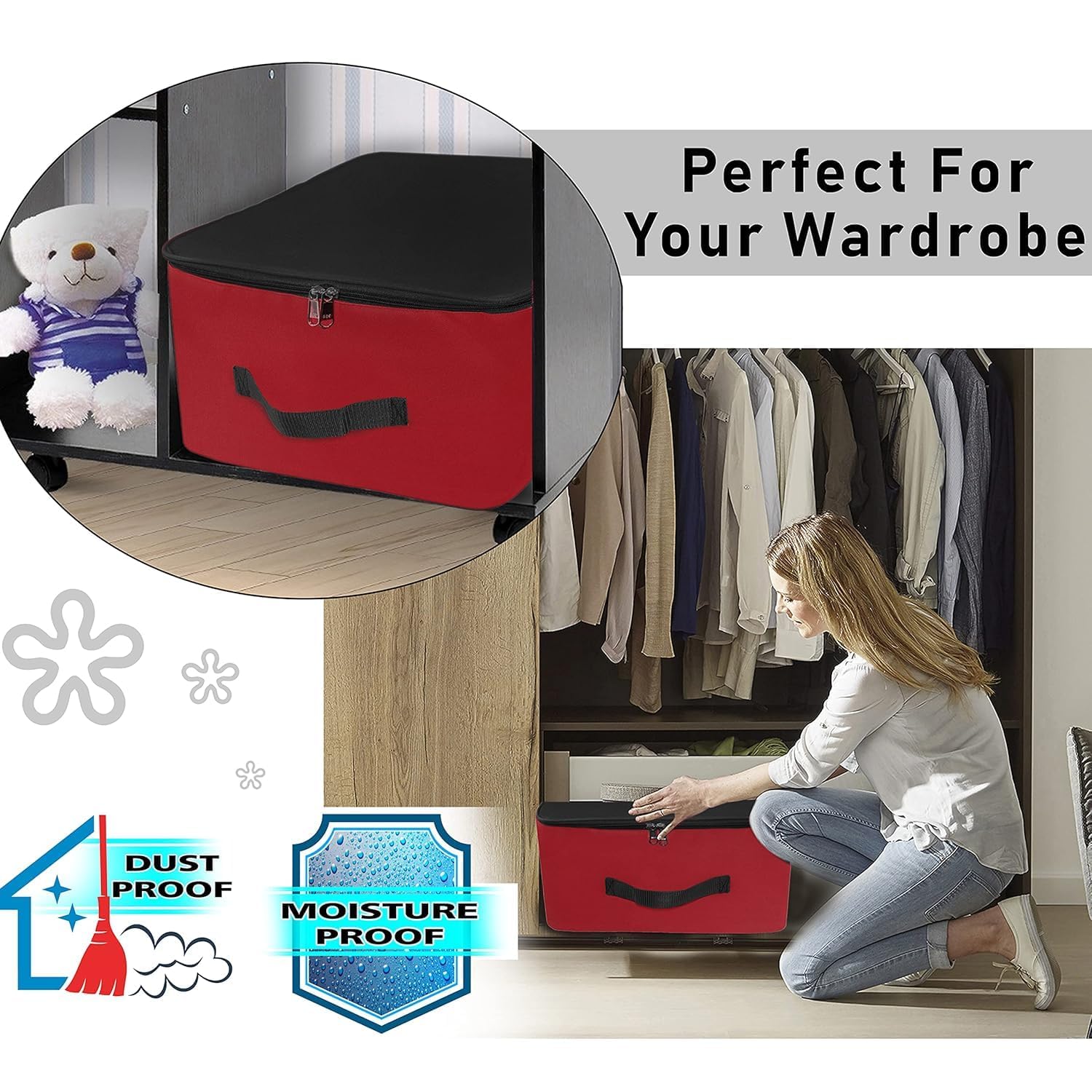 Storite Nylon Wardrobe Bag Underbed Moisture Proof Cloth Storage Organizer, Storage box for Clothes Saree Bags with Zippered Closure & Handle (Red & Black, 38.1x25.4x35 cm) Square