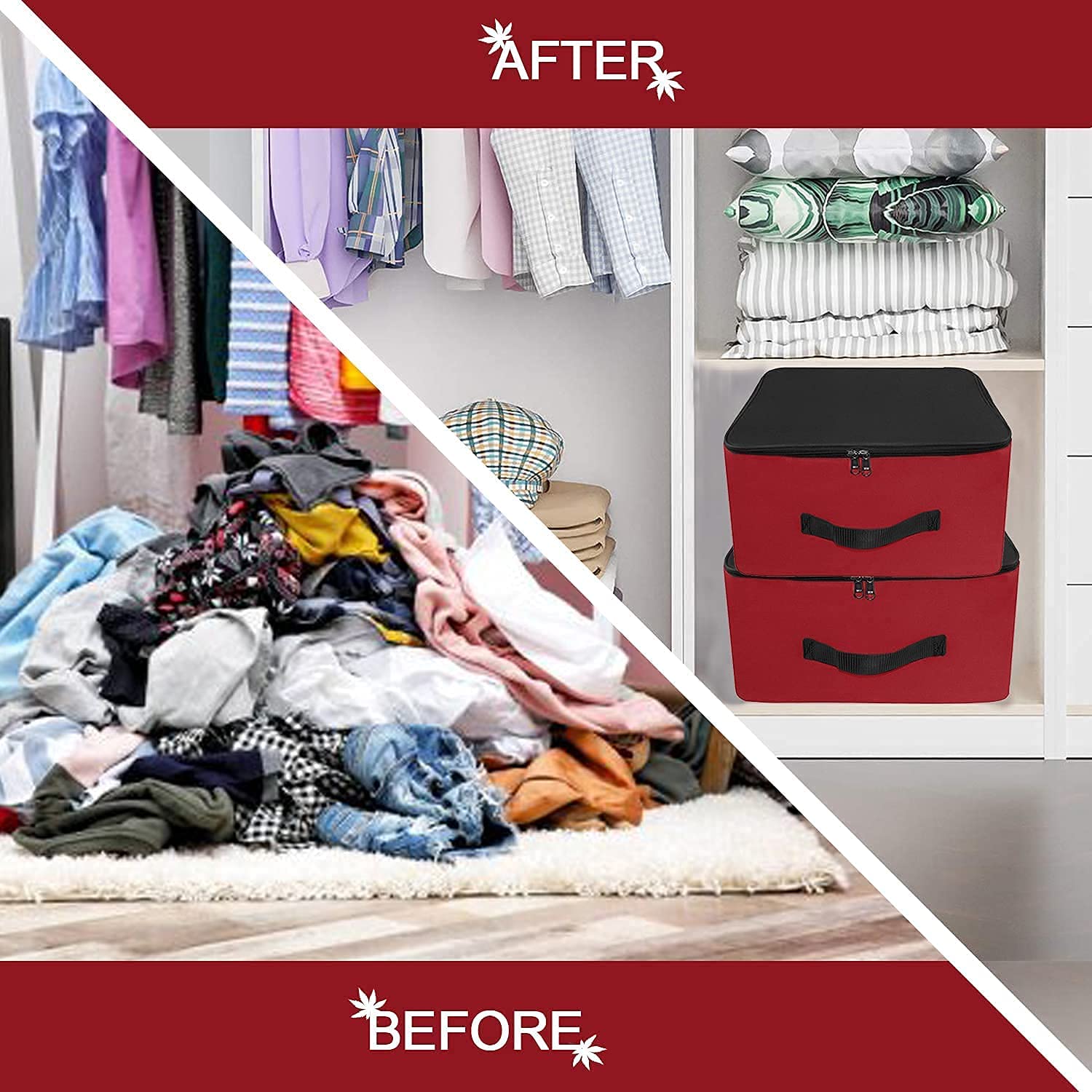 Storite Nylon Wardrobe Bag Underbed Moisture Proof Cloth Storage Organizer, Storage box for Clothes Saree Bags with Zippered Closure & Handle (Red & Black, 38.1x25.4x35 cm) Square