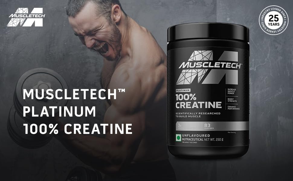 MuscleTech Platinum Creatine Monohydrate Powder | 3 g Creatine Per Serving | Supports Strength, Power & Muscle Recovery | Unflavoured | 83 Servings (250 g)