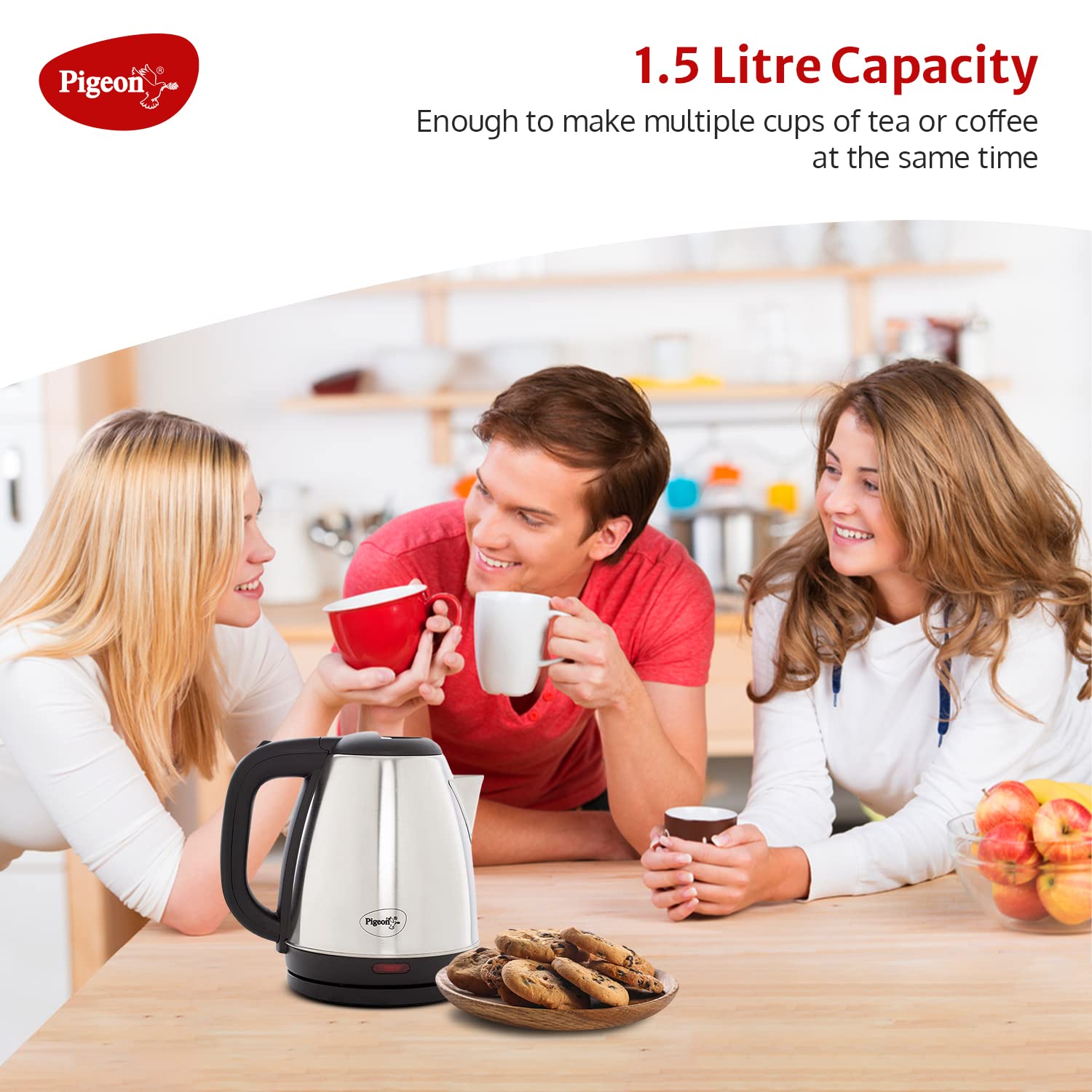Pigeon Amaze Plus Electric Kettle 1.5 L, 1300 Watt, Stainless Steel Body with Auto Shut-off Feature Used for Boiling Water - (Silver)