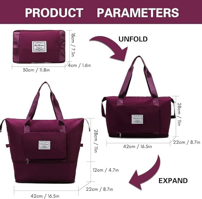 Wazdorf Nylon 41 Liter Expandable Travel Bags for Women, Duffle Bags for Women Luggage, Foldable Vanity Traveling Bag, Waterproof Hand Bag for Ladies Personal Items