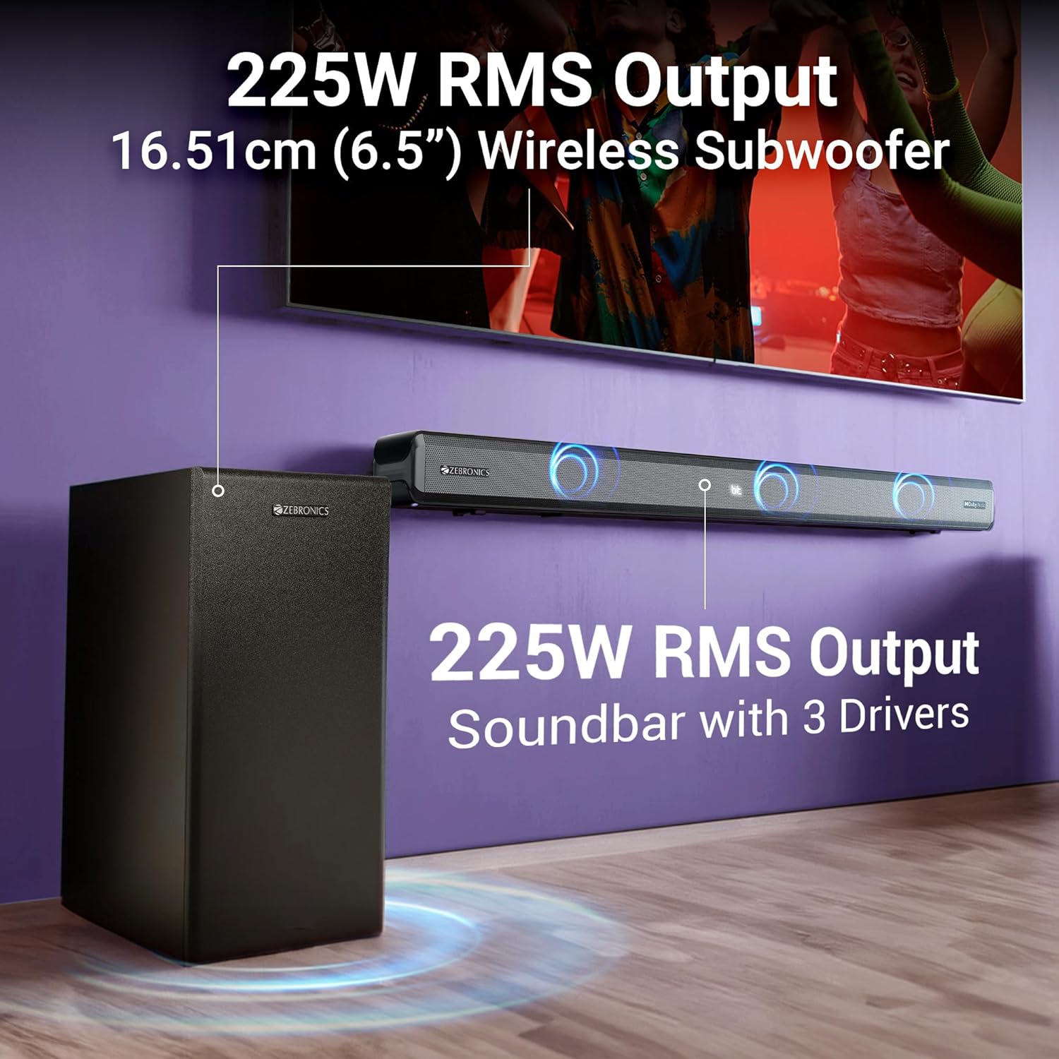 ZEBRONICS Juke BAR 9510WS PRO Dolby 5.1 Soundbar, Dolby Audio, 600 Watts, Wireless (Dual Rear Satellites & 6.5" Subwoofer), Triple Driver Soundbar, Bluetooth v5.1 | HDMI (ARC) | Optical | USB | AUX