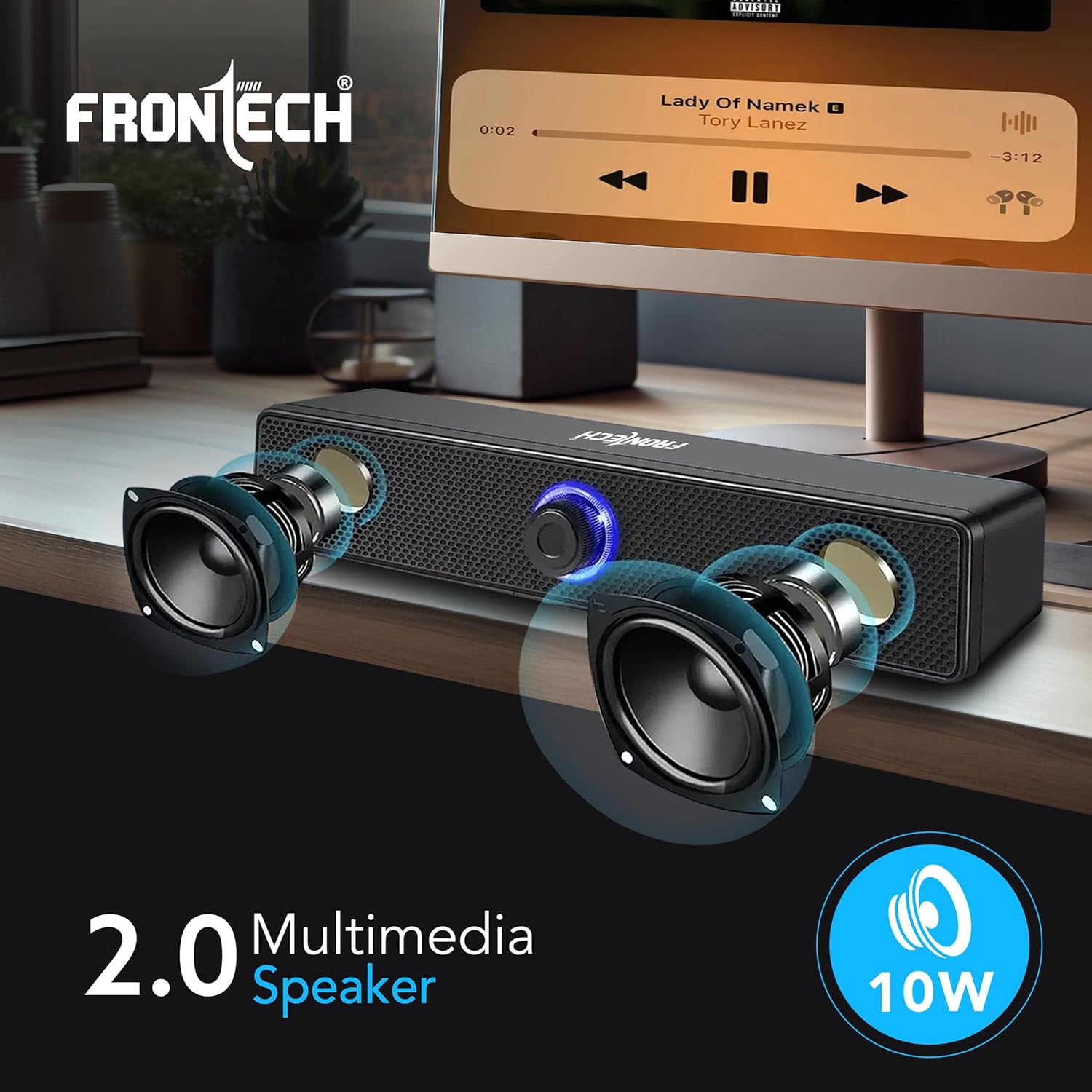 FRONTECH 1.0 USB Powered Multimedia Speakers with RGB Lights | 10W Output Power | AUX/USB Connectivity | for Laptop, PC, Mobile | Volume Control (SPK-0008, Black)