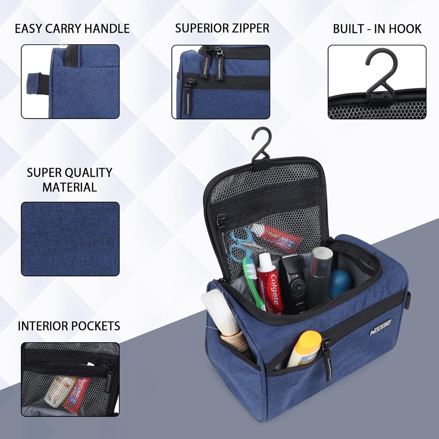 Wooum Travel Toiletry Bag for Men | Water-Resistant Bathroom Organizer with Hook | Compact Khadi Fabric Dopp Kit with Zipper & Mesh Pockets – Ideal for Travel, Gym & Daily Use