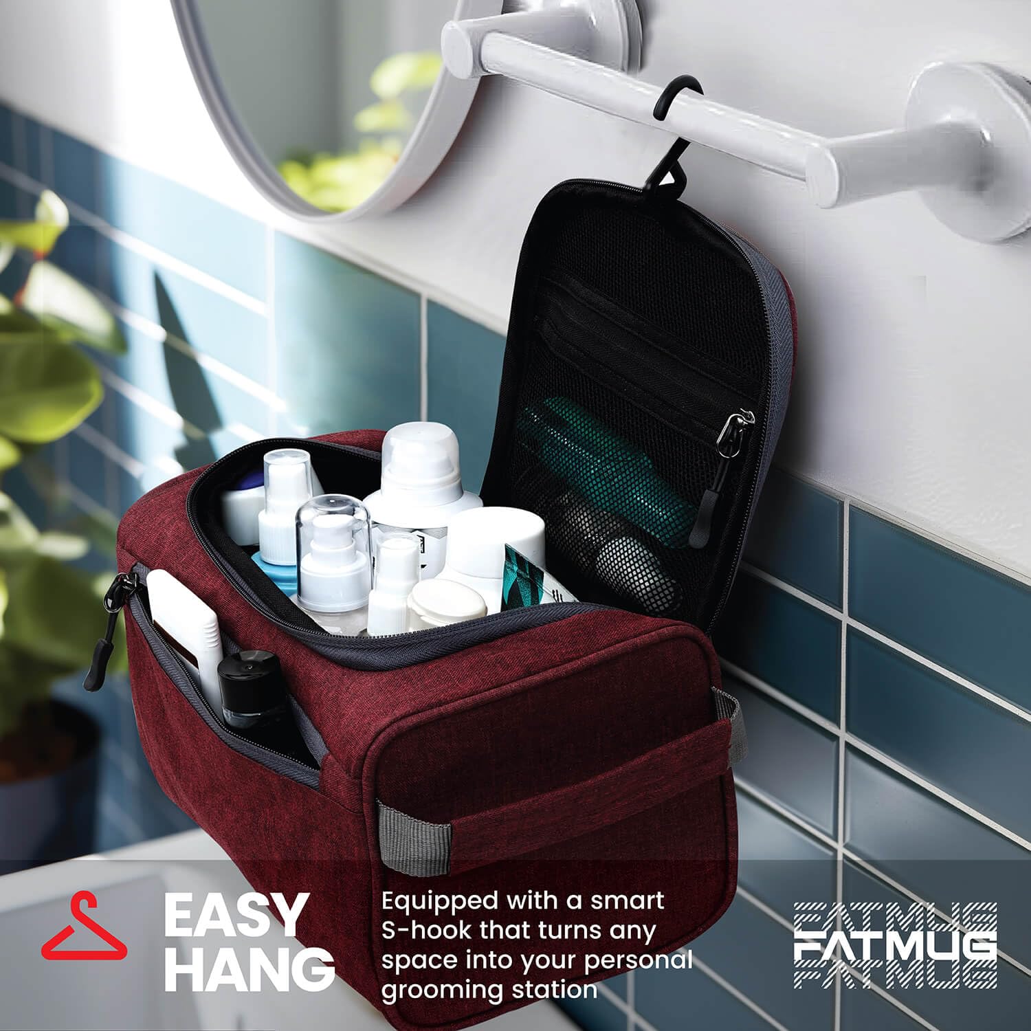 FATMUG Large Toiletry Organizer Dopp Kit Washbag for Men, Cosmetics Pouch for Women- Maroon