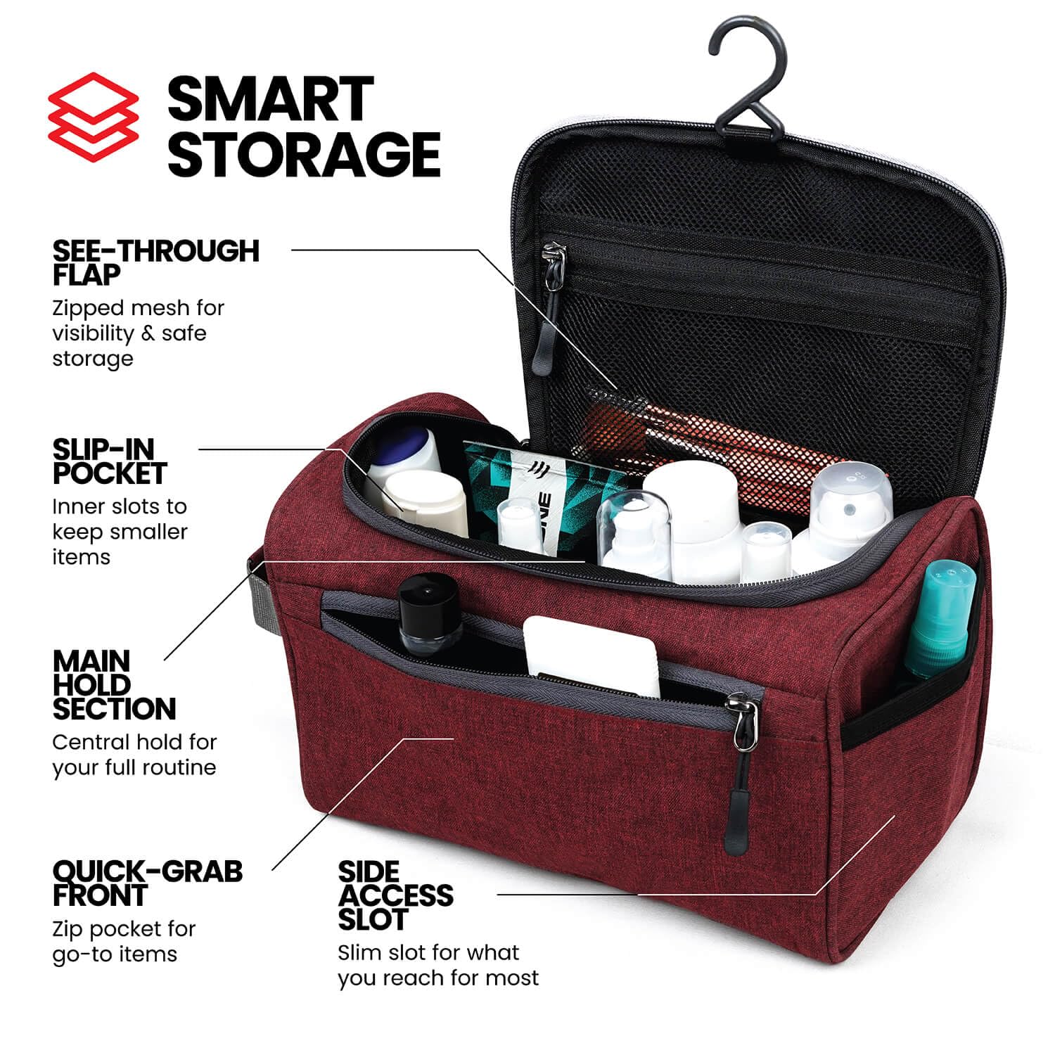 FATMUG Large Toiletry Organizer Dopp Kit Washbag for Men, Cosmetics Pouch for Women- Maroon
