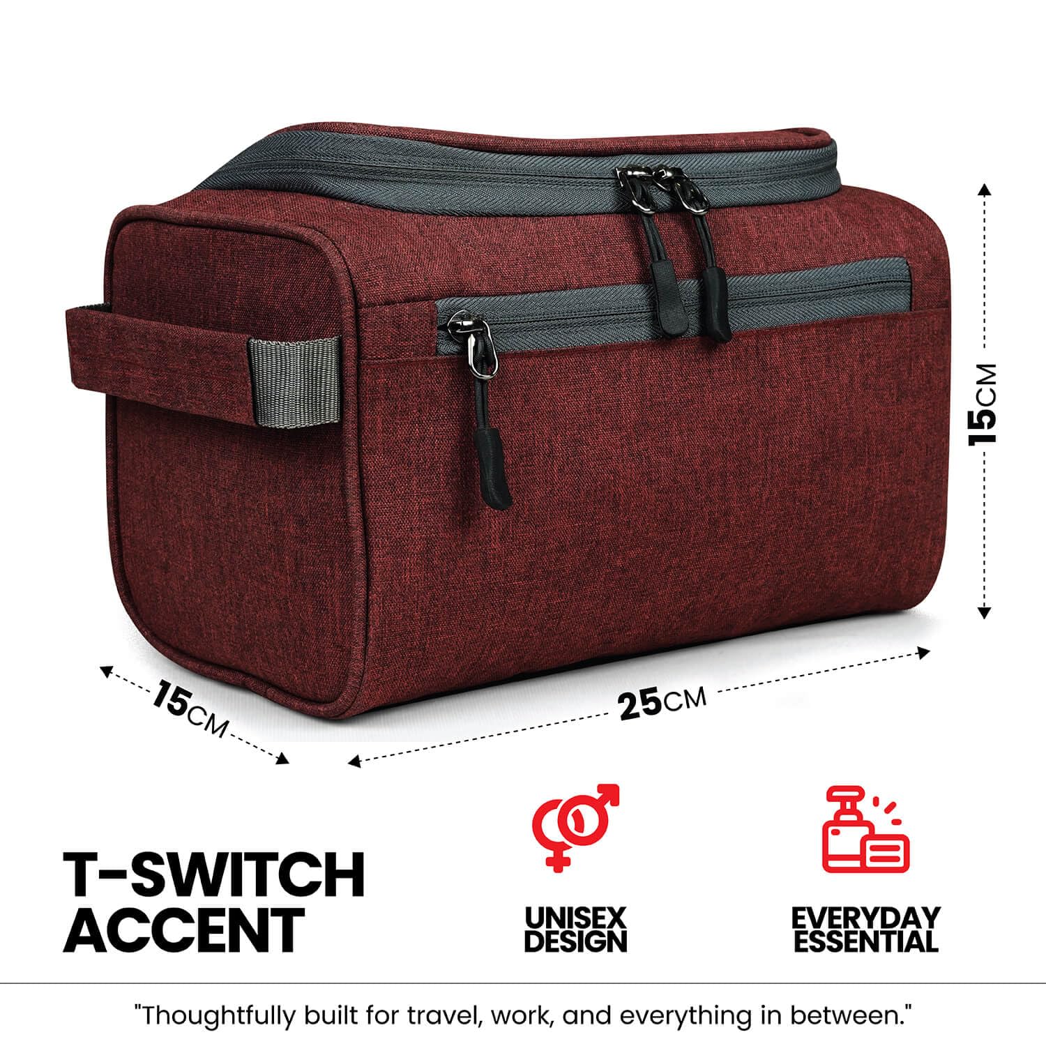 FATMUG Large Toiletry Organizer Dopp Kit Washbag for Men, Cosmetics Pouch for Women- Maroon