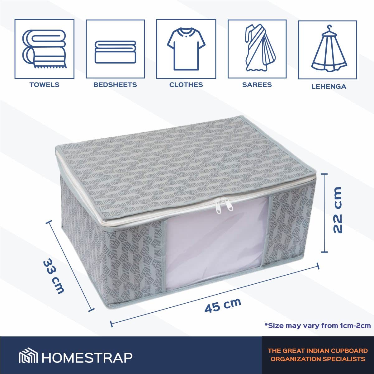 Homestrap Set of 6 Non-Woven Printed Saree Cover/Cloth Storage/Wardrobe Organizer For Clothes with Transparent Window (Grey)(Shark Tank Featured) 45cmx33cmx22cm