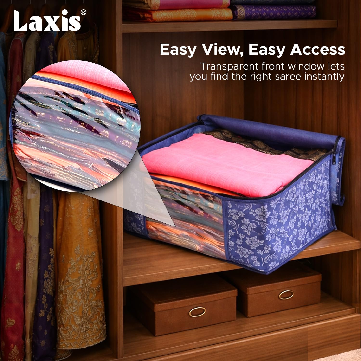 LAXIS® Saree Covers With Zip Non-Woven Printed Saree Cover/Saree Organizer For Wardrobe/Cloth Storage With Transparent Window/Saree Bags Storage/Clothes Organizer (Blue- Pack of 3)