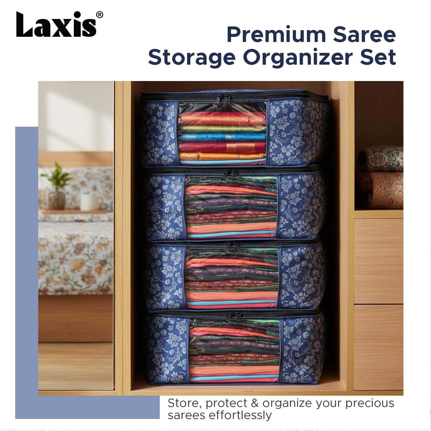 LAXIS® Saree Covers With Zip Non-Woven Printed Saree Cover/Saree Organizer For Wardrobe/Cloth Storage With Transparent Window/Saree Bags Storage/Clothes Organizer (Blue- Pack of 3)