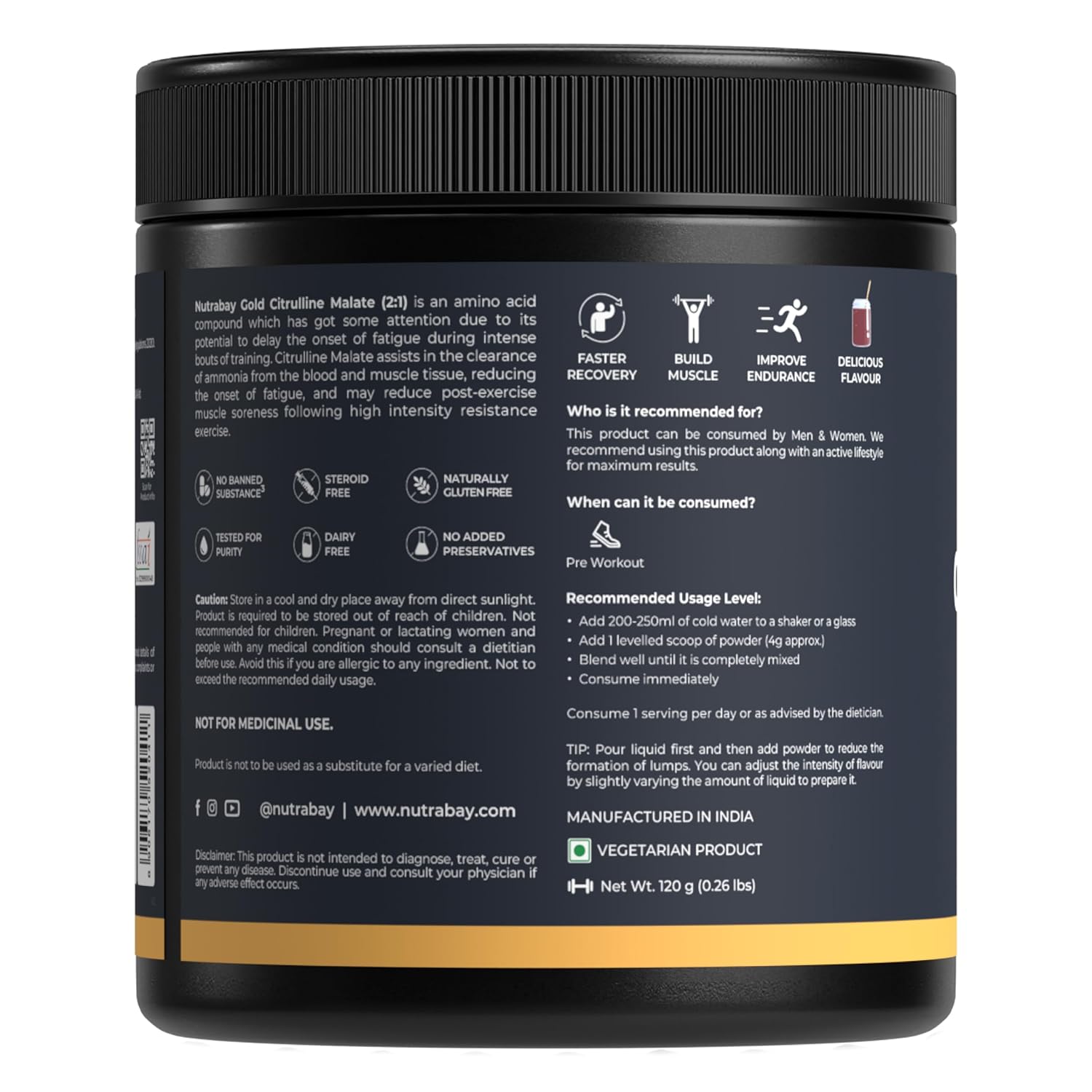 Nutrabay Gold Citrulline Malate 2:1 Supplement Powder 120g, Cola Flavor – Boosts Nitric Oxide – Pre Workout for Muscle Pump, Improved Endurance & Recovery | Tested for Purity | No Banned Substances