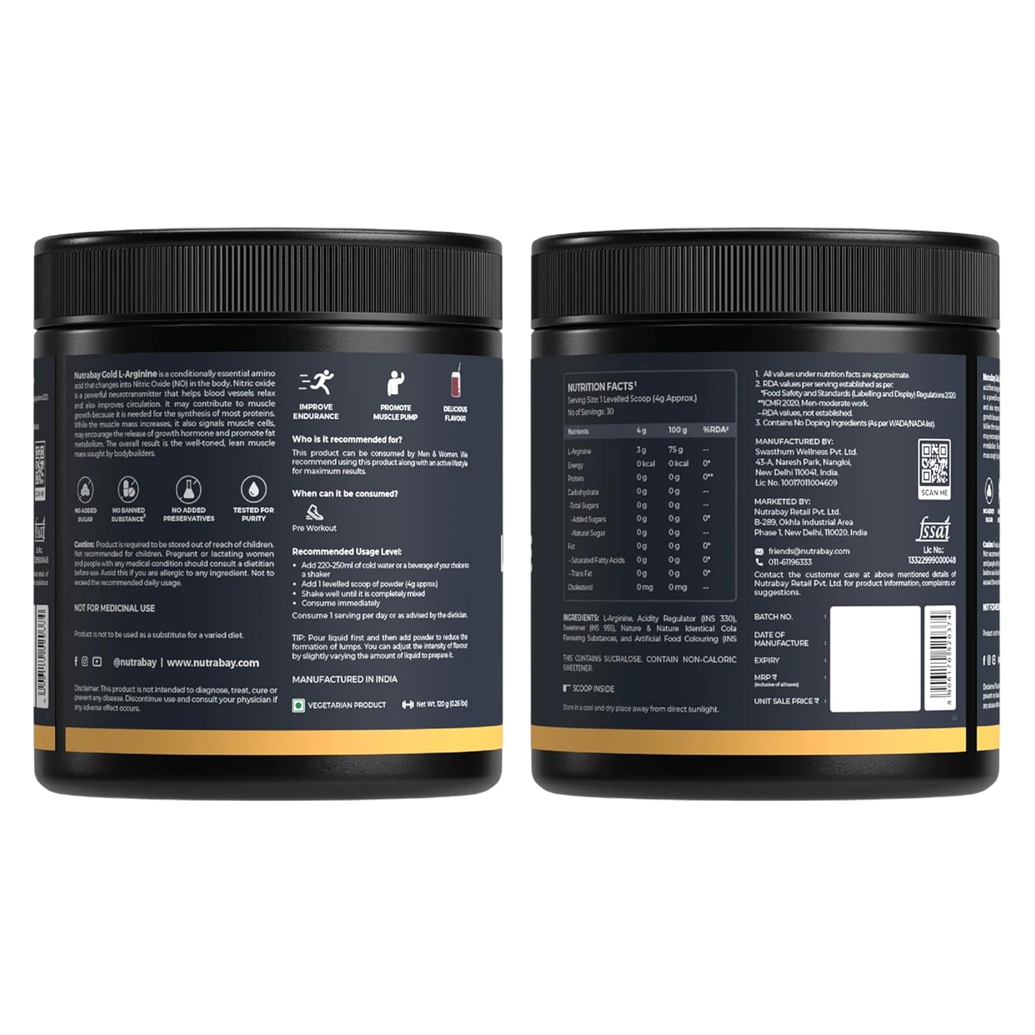 Nutrabay Gold L-Arginine Supplement Powder 120g, Cola Flavor – Pre Workout Amino Acid for Endurance, Muscle Building & Faster Recovery | Tested for Purity | 100% Authentic
