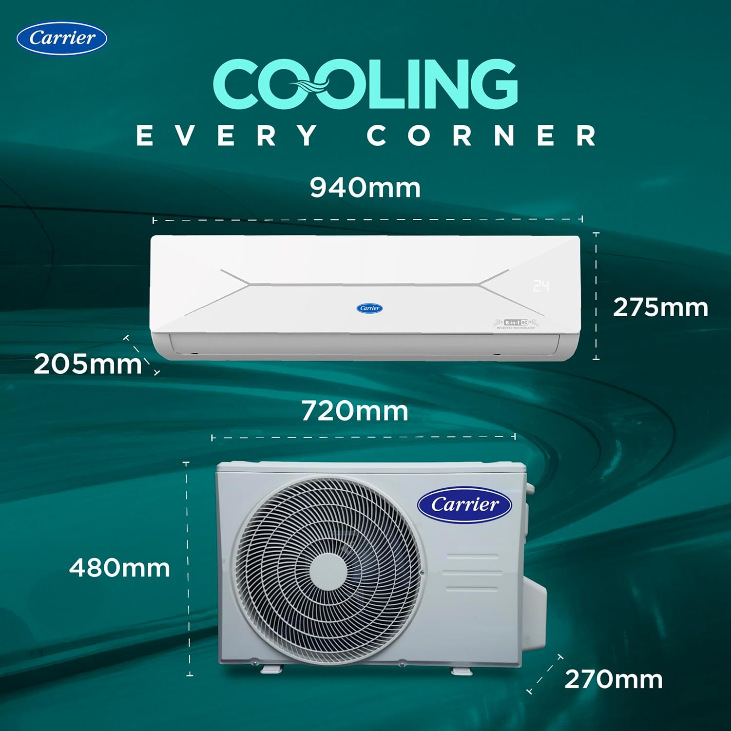 Carrier 1.5 Ton 3 Star, New Star rated, Flexicool Inverter Split AC (Copper, Convertible 6-in-1 with Smart Energy Display, Insta Cool, Auto Clean, PM 2.5 Filter, ESTER EDGE Gxi-CAI18EE3R36F0, White)