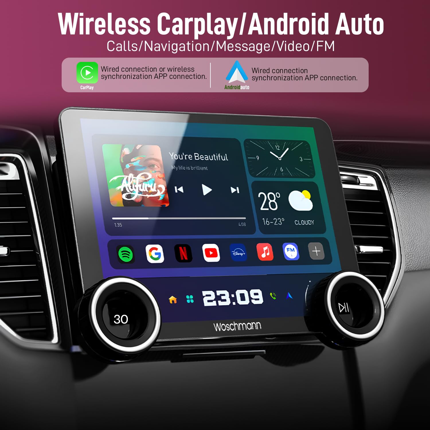 Woschmann Diamond Car Android SystemTouch Screen 10.1 Inch|TS30|With Fan|4GB/64GB|4th Gen|4Core|QLED Display|GPS&Bluetooth|WiFi&FM|SteeringControl|AHD Camera Included(Wireless Android Auto & Car Play)
