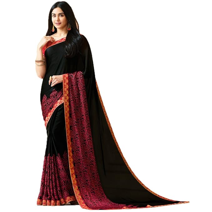 RAJESHWAR FASHION WITH RF Women's Pure Silk Georgette Printed Sarees For Women With Jacquard Work Lace Border & Blouse Piece (Multicolored_Free Size 6.30 Mtr)