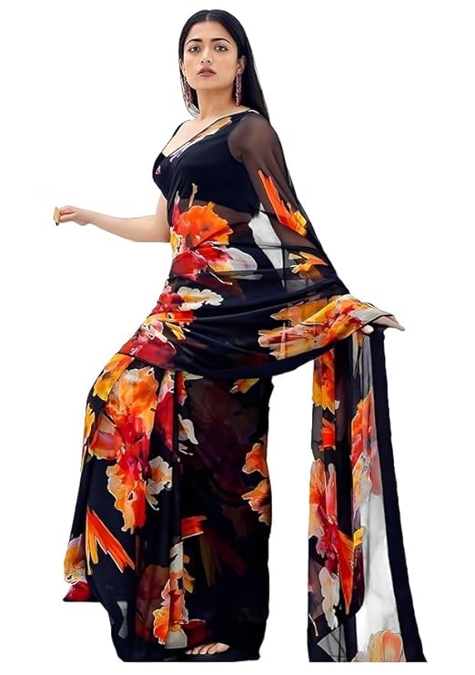 RAJESHWAR FASHION WITH RF Floral Leaf Printed Georgette Sarees For Women With Unstitched Blouse Piece (Black Saree)