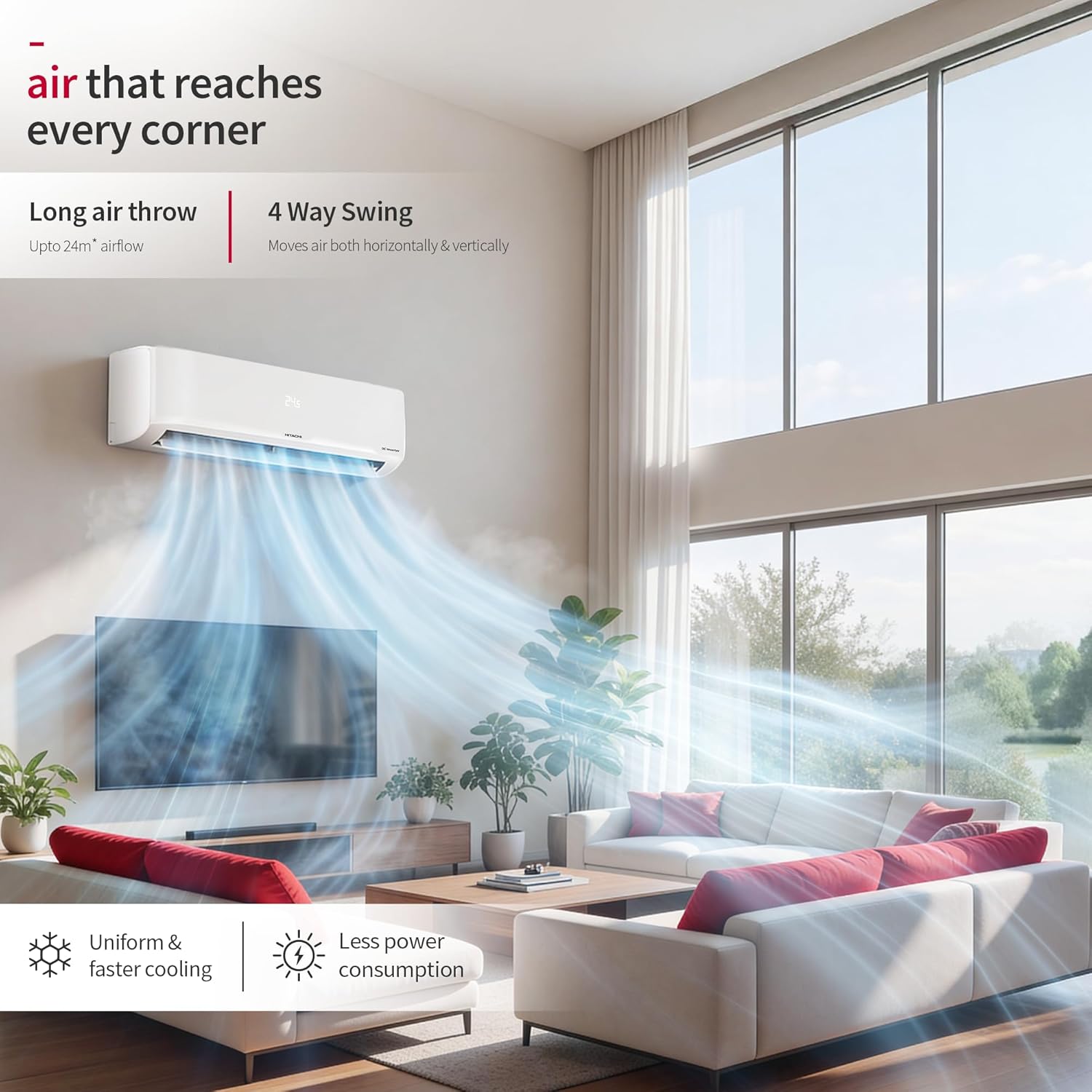 Hitachi 1.5 Ton 3 Star, New Star rated, Inverter Split AC(Copper, Smart View Display, 4 Way Swing,RAS.D318PCD2BS1, White)