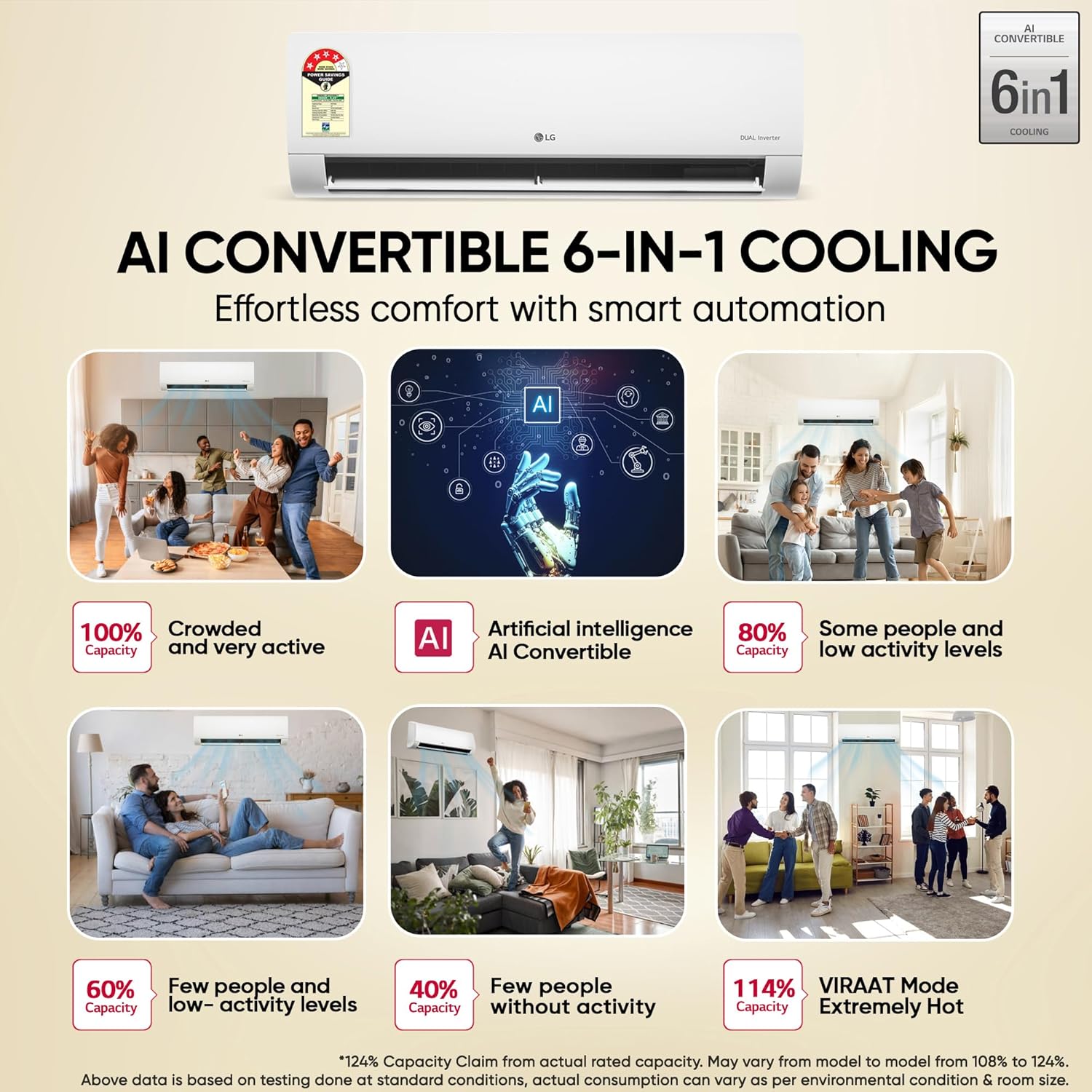 LG 1 Ton 4 Star,New star rated,DUAL Inverter Split AC (Copper, AI Convertible 6-in-1 with VIRAAT Mode,Faster Cooling & Energy Saving, 4 Way Swing, HD Filter with AntiVirus Protection,AS-Q13JNYE,White)