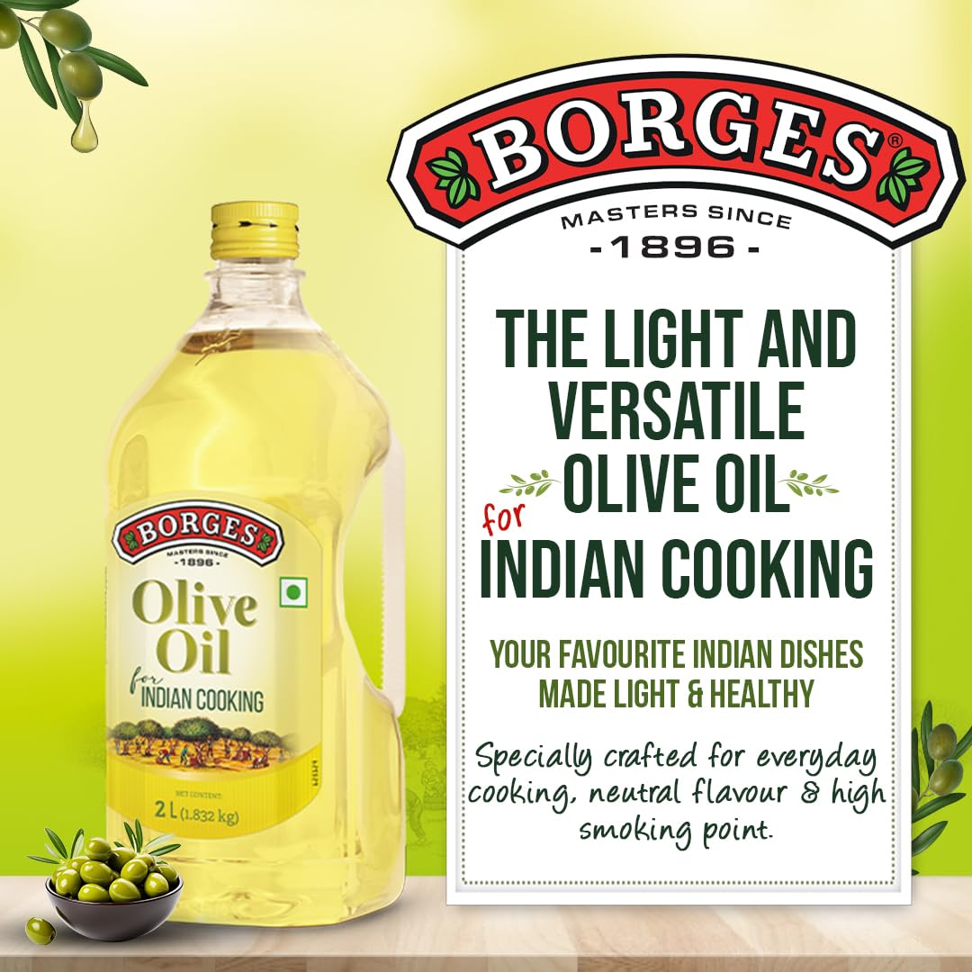 Borges Olive Oil for Indian Cooking - 2 L |Extra Light |Packed in Spain |Light Flavour |75% MUFA | Ideal for daily cooking: deep fry, tadka, curries