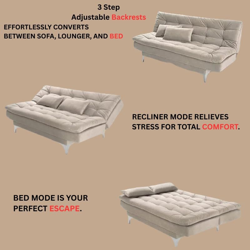 MATA Eagle Solid Wood 3 Seater Sofa Cum Bed Cream Suede Velevt Fabric with Two Cushions Perfect for Home Living Office Room and Guests (Cream, Medium)(3 Year Warranty)