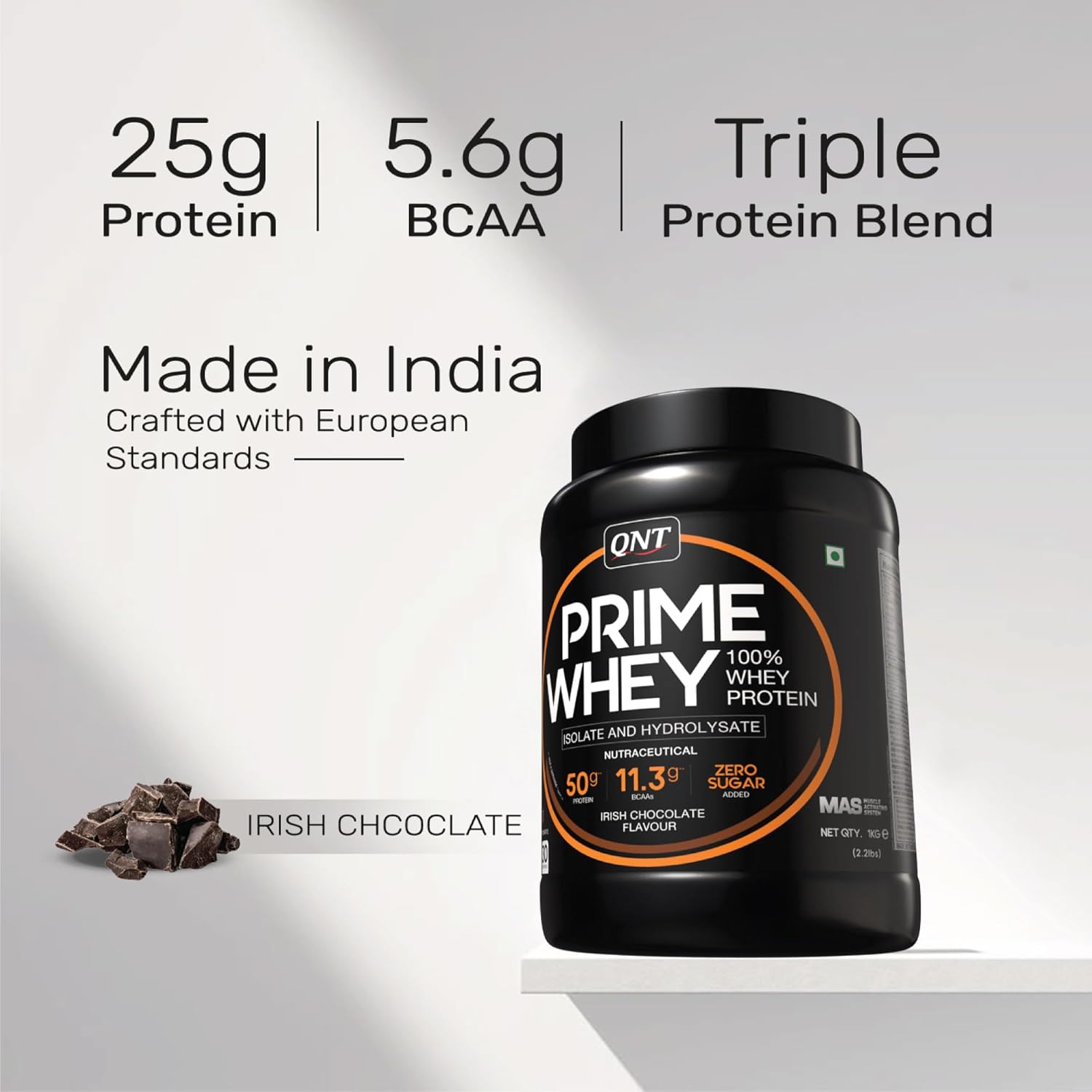 QNT Prime Whey Protein Powder – Irish Chocolate | 25g Protein Per Scoop | Whey Isolate, Concentrate & Hydrolysate Blend | 30 Servings | Muscle Growth, Recovery & Strength | 1kg