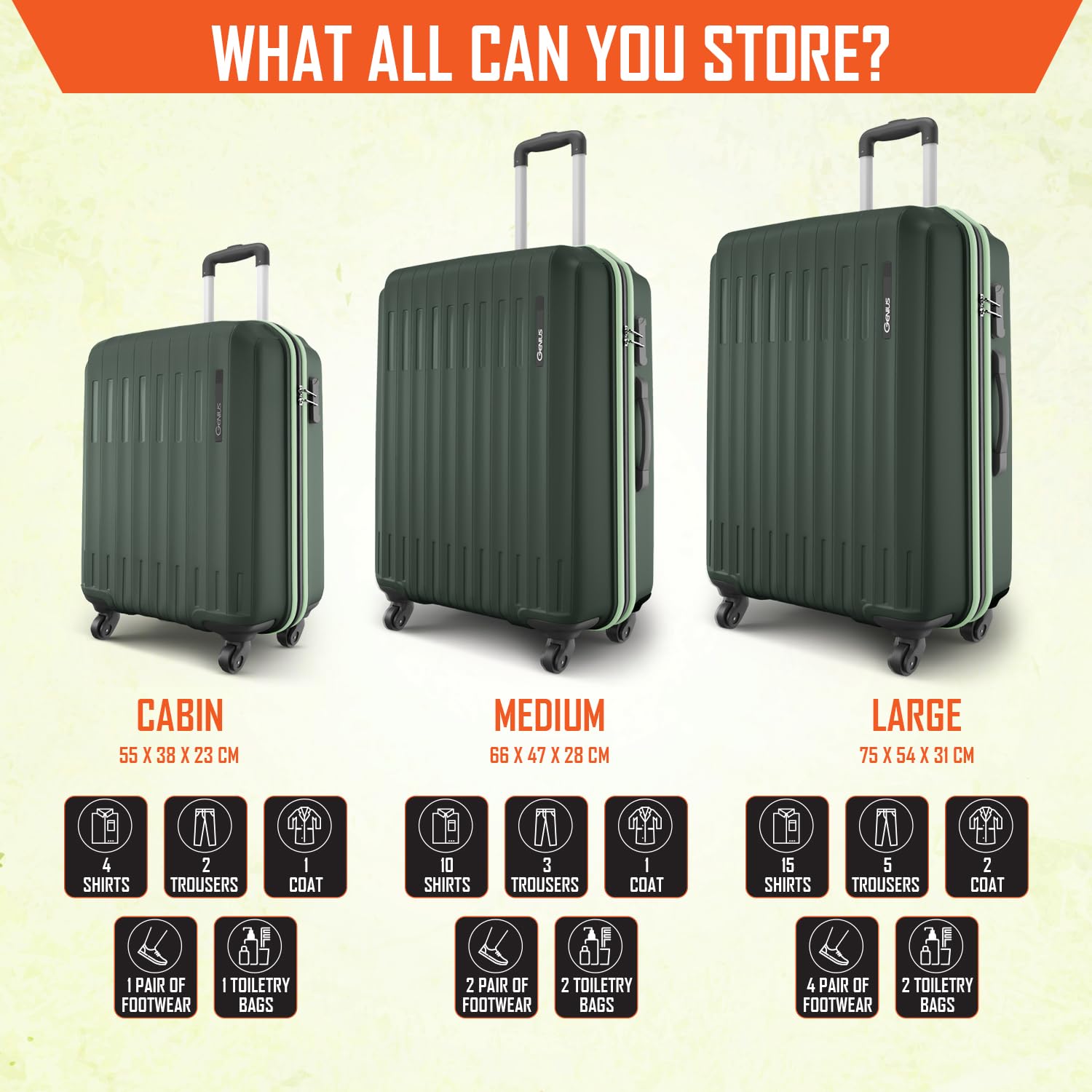 Safari Genius Alley Set of 3 (Cabin + Medium + Large) Trolley Bags Hard Case Polypropylene, 4 Wheels, 360 Degree Wheeling Luggage, Suitcase for Travel, Trolley Bags for Travel, Deep Forrest