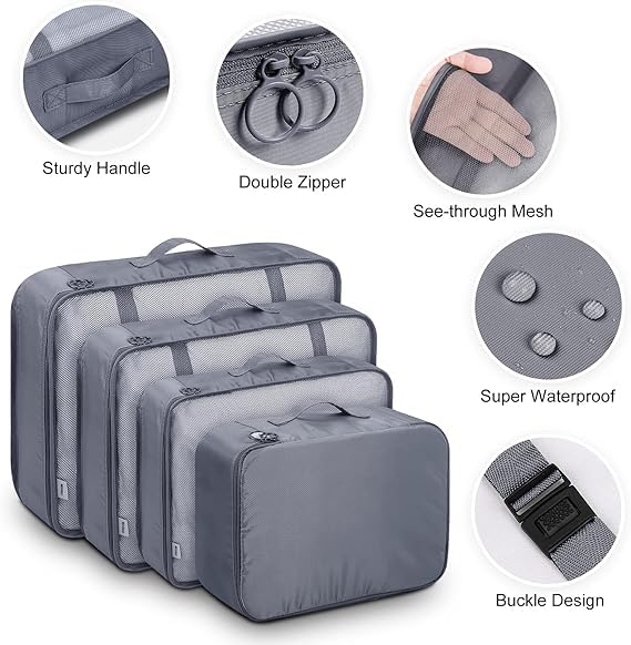 AVENUX 7pcs Set Travel Organizer Packing Cubes Lightweight Travel Luggage Organizers with Laundry Bag or Toiletry Bag Laundry Organiser (Grey, 7 PCS)
