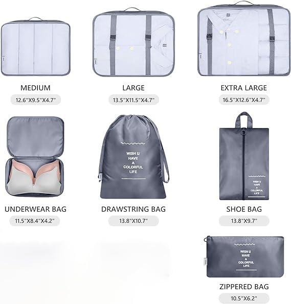 AVENUX 7pcs Set Travel Organizer Packing Cubes Lightweight Travel Luggage Organizers with Laundry Bag or Toiletry Bag Laundry Organiser (Grey, 7 PCS)