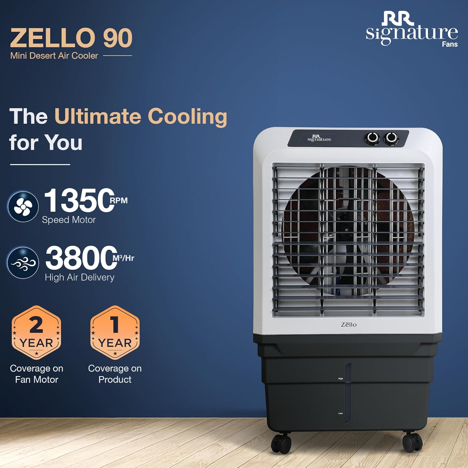 RR Signature Zello HC 90 LTR | Desert Air Cooler with High Air Delivery | Honeycomb Pads | 4-Way Air Deflection | Vertical Auto Swing | Castor Wheels | Inverter Compatibility | 1 Year Warranty by RR