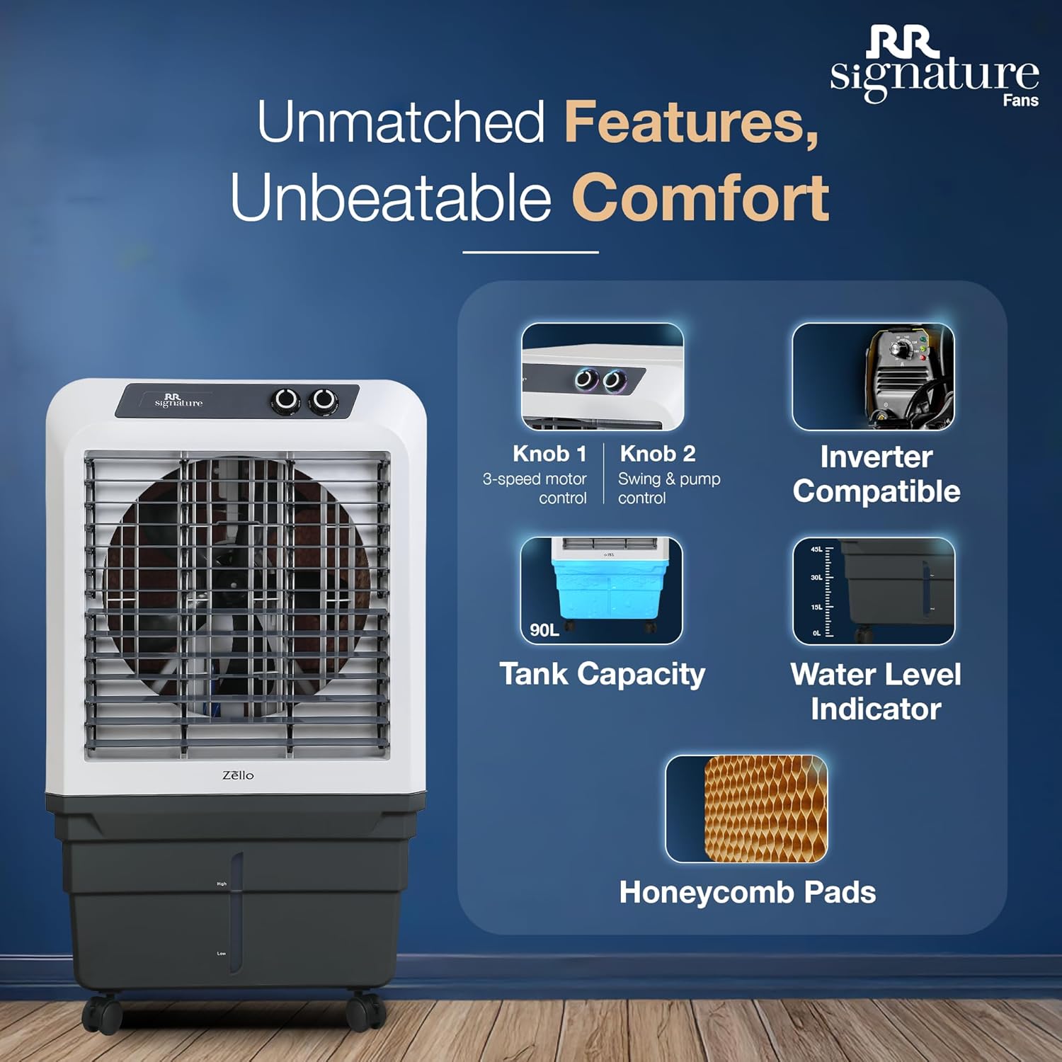 RR Signature Zello HC 90 LTR | Desert Air Cooler with High Air Delivery | Honeycomb Pads | 4-Way Air Deflection | Vertical Auto Swing | Castor Wheels | Inverter Compatibility | 1 Year Warranty by RR