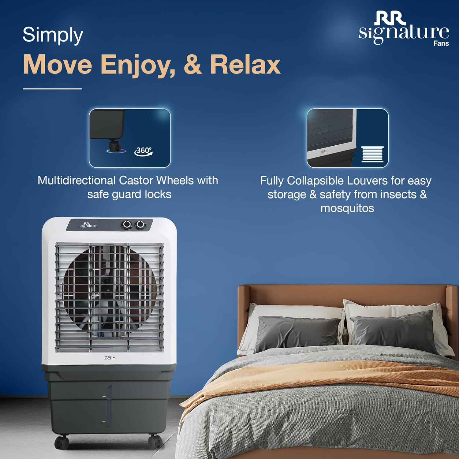 RR Signature Zello HC 90 LTR | Desert Air Cooler with High Air Delivery | Honeycomb Pads | 4-Way Air Deflection | Vertical Auto Swing | Castor Wheels | Inverter Compatibility | 1 Year Warranty by RR