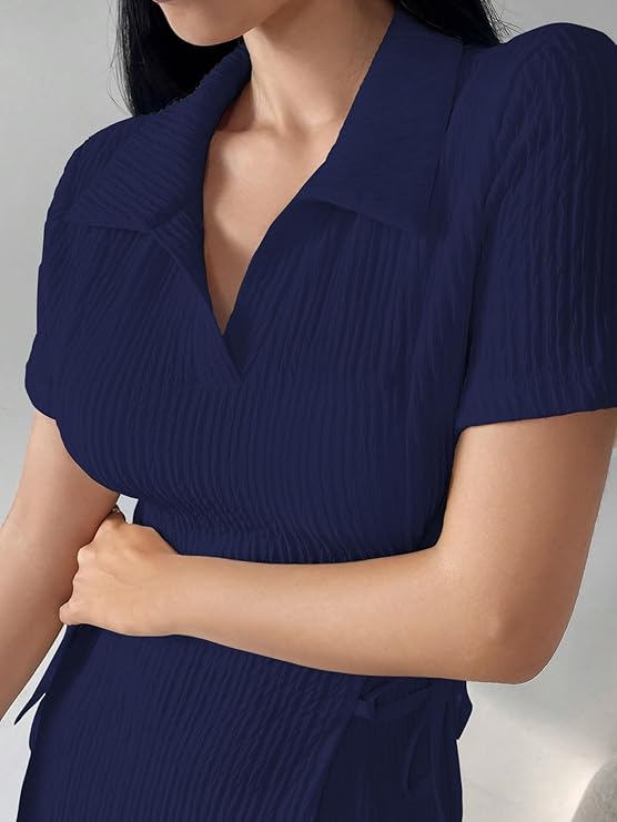 Shasmi Women’s Solid Color Applique Lace-Up Collared Short Sleeve, Side-Tie Waist Long Casual Maxi Women Dress Outfit Long Evening Midi Western Party Dress for Women (Dress 211)