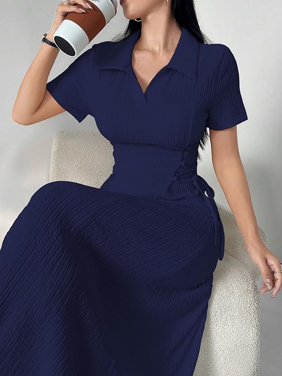 Shasmi Women’s Solid Color Applique Lace-Up Collared Short Sleeve, Side-Tie Waist Long Casual Maxi Women Dress Outfit Long Evening Midi Western Party Dress for Women (Dress 211)