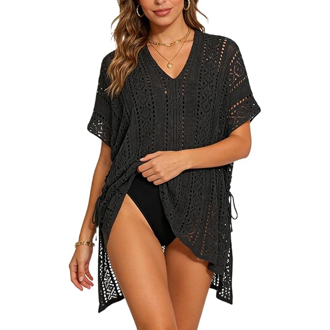 SANNIDHI® Crochet Cover Up for Women Loose Fit Beach Cover Up Stylish Boho V Neck Hollow Summer Top Coverup - Fits for Weight 50-70kg and Height 160-178cm