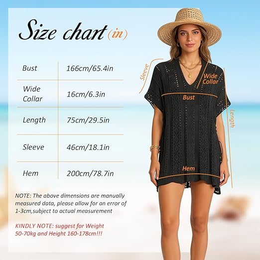 SANNIDHI® Crochet Cover Up for Women Loose Fit Beach Cover Up Stylish Boho V Neck Hollow Summer Top Coverup - Fits for Weight 50-70kg and Height 160-178cm