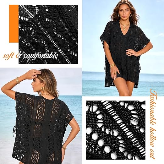 SANNIDHI® Crochet Cover Up for Women Loose Fit Beach Cover Up Stylish Boho V Neck Hollow Summer Top Coverup - Fits for Weight 50-70kg and Height 160-178cm