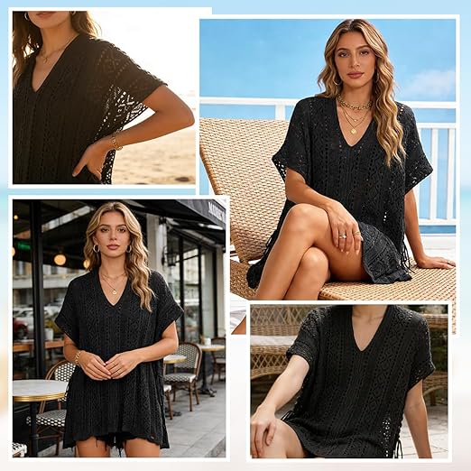 SANNIDHI® Crochet Cover Up for Women Loose Fit Beach Cover Up Stylish Boho V Neck Hollow Summer Top Coverup - Fits for Weight 50-70kg and Height 160-178cm