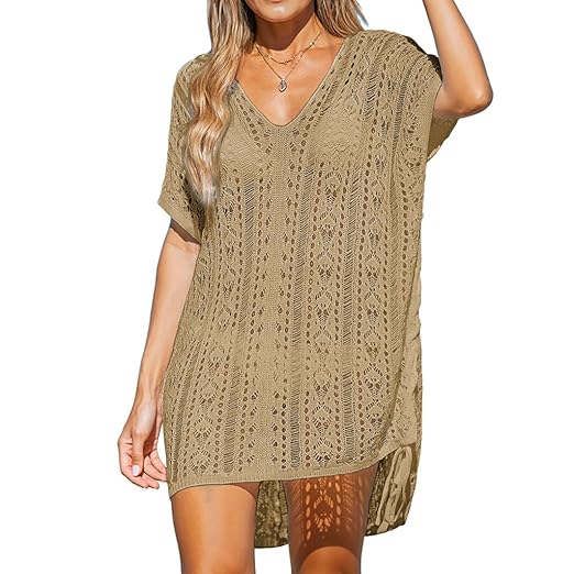 SANNIDHI® Crochet Cover Up for Women Loose Fit Beach Cover Up Stylish Boho V Neck Hollow Summer Top Coverup - Fits for Weight 50-70kg and Height 160-178cm